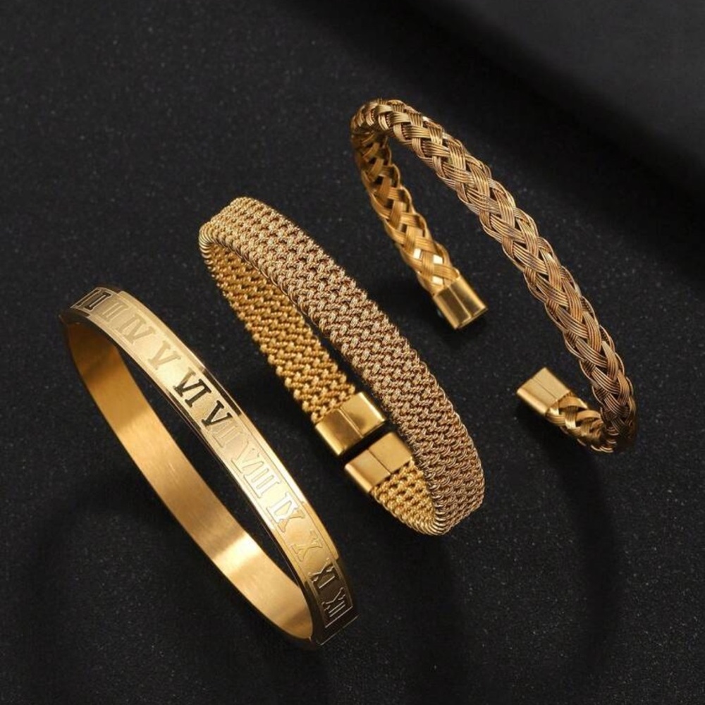 3pcs/Set Stylish Stainless Steel Roman Word Twist Weave Crosshatch Bracelet Set
